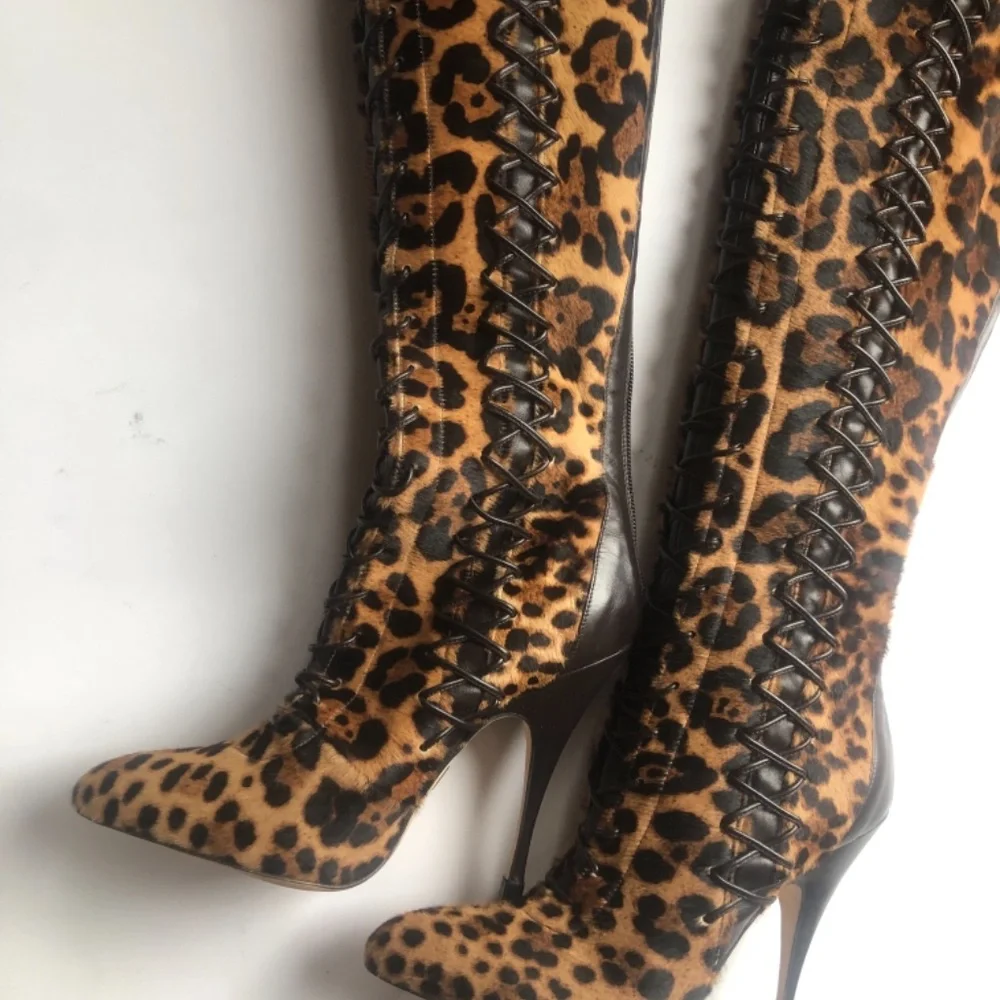 Brian Atwood Belle Cheetah Leapoard Leather CalfHair LaceUp Thigh Boots NEW 38 - Picture 8 of 11